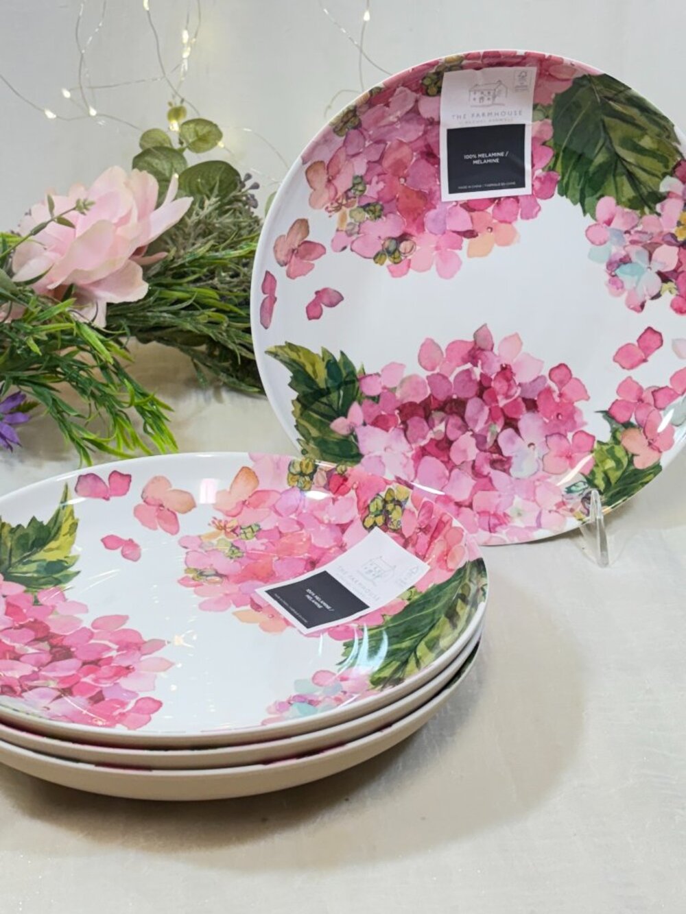 Rachel Ashwell Pink Hydrangea MELAMINE Salad Pasta Bowls Set Of 4 l Shabby Chic